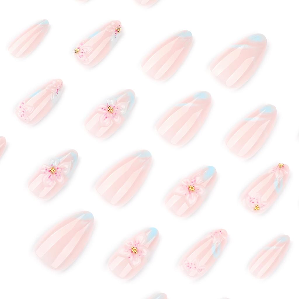 Jednoduchá a svěží 3D trojrozměrná květinová nail art nálepka na nehet krátký mandlový žhavý prodej nositelný falešný nehet