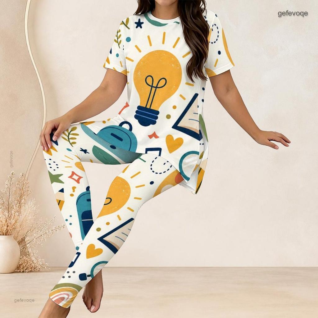 Women Plus Size Printed Two Piece Set Round Neck Short Sleeve Long Top And Fitted Long Pants