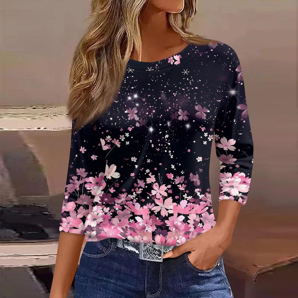 Women's Three-Quarter Sleeve Shirt, Round Neck, Loose Fit, Casual Shirt, Floral Print T-Shirt, Summer