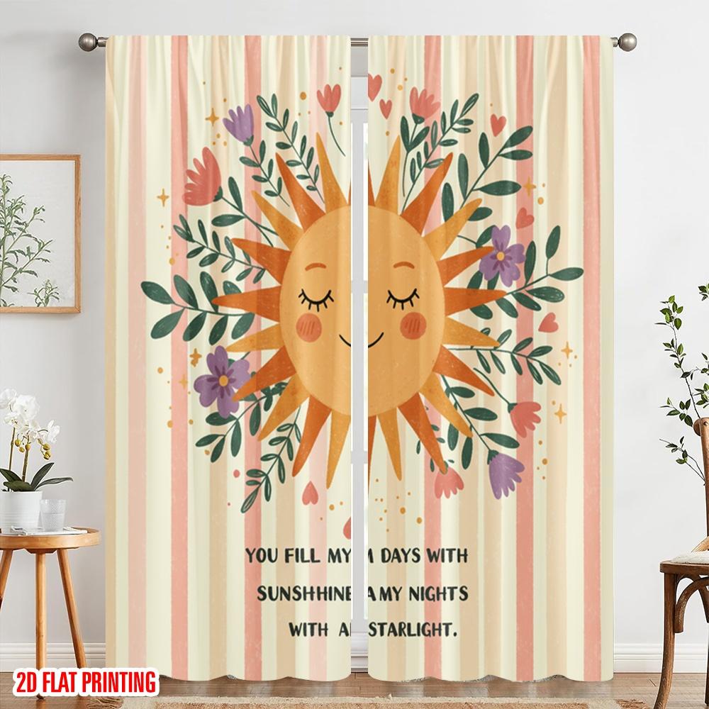 2pcs 2D flat printing Curtain Cute Sun Flower Polyester Without Electricity Family Party Use for General Festive and Winter