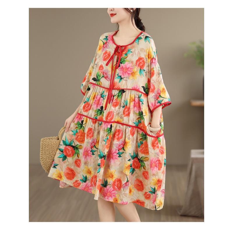 DIMANAF New 2026 Women Plus Size Summer Long Dress Sundress Loose Oversize Print Maxi Lady Floral Cotton Beach Dress