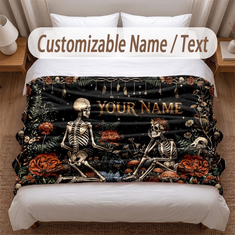 Skull Gothic Theme Soft Blanket Personalized Custom Name Text Print Warm Blanket Home Sofa Bedroom Decor