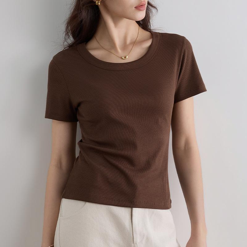 Damen Sommer 2025 Schlank geschnittenes geripptes U-Ausschnitt T-Shirt - Vielseitig Große Größen, Hohe Elastizität, Kurzarm Basis-Top