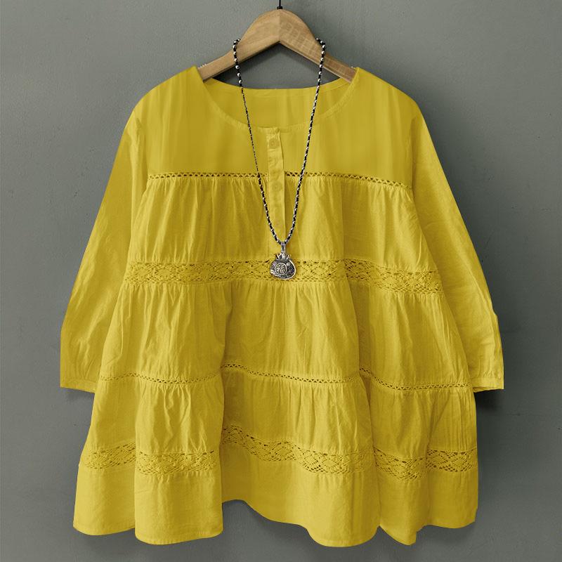 

ZANZEA Женские повседневные кружевные блузки с круглым вырезом и рукавом 3/4 S жёлтый