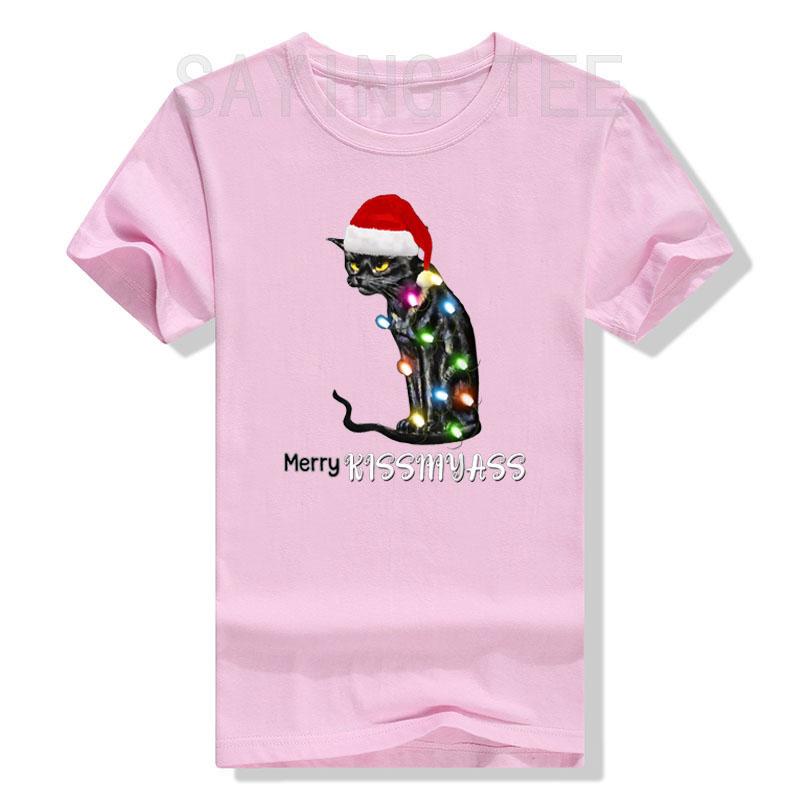 Merry Kissmyass Funny Cat Christmas Lights T-Shirt Xmas Costume Gifts Kitty Lover Graphic Outfits Cute Kitten Saying Tee Y2k Top