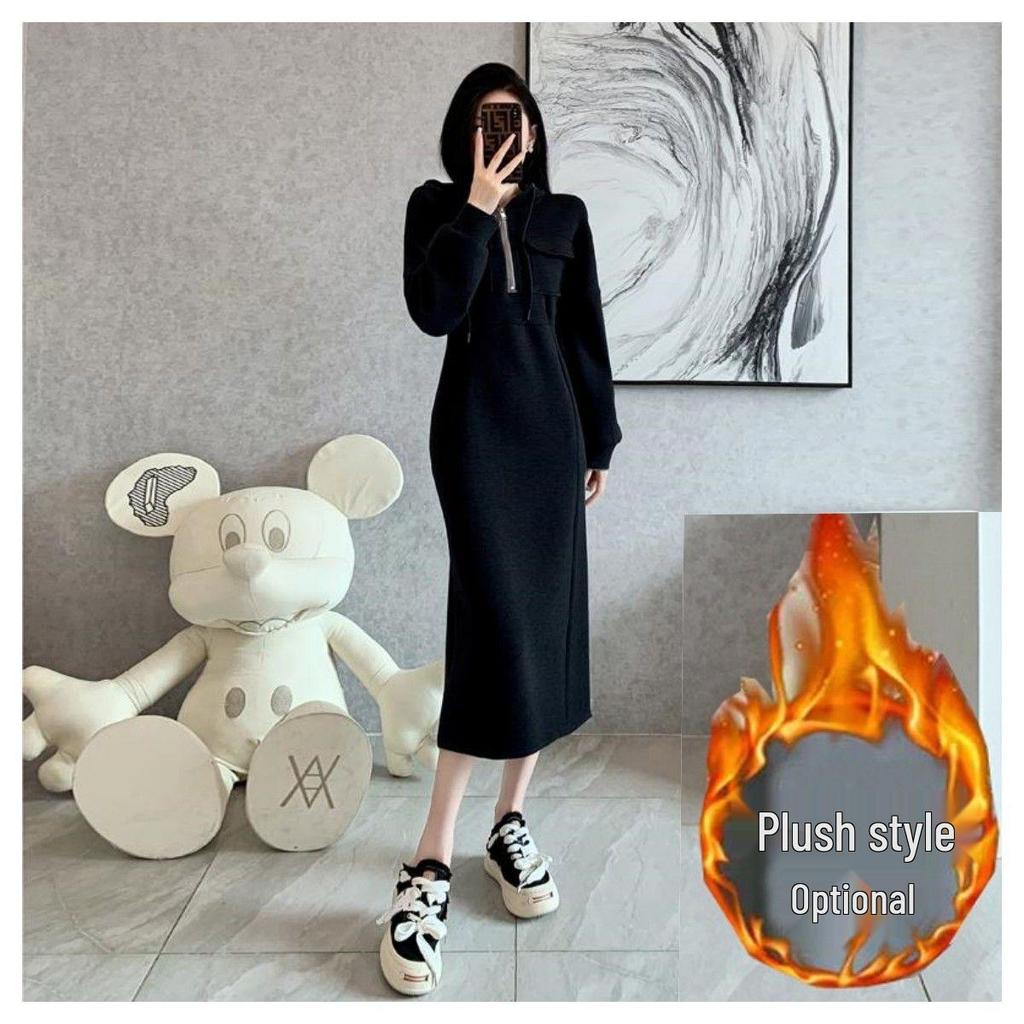 Women's European-Style Grey Hooded Sweatshirt Dress - Textured, Cinched Waist, Slimming, Casual Autumn/Winter Wear