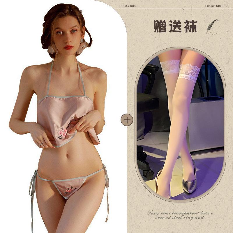 Sexy Dessous Retro Bauchtasche Bestickte Schnürung Verführung Damen Uniform Set Flirt Lingerie