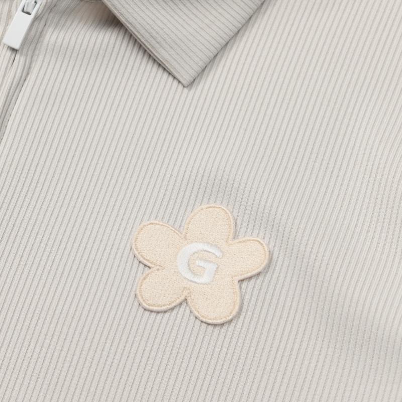 GOXO Short Sleeve Zip Up Beige Ribbed Collar Jueflower