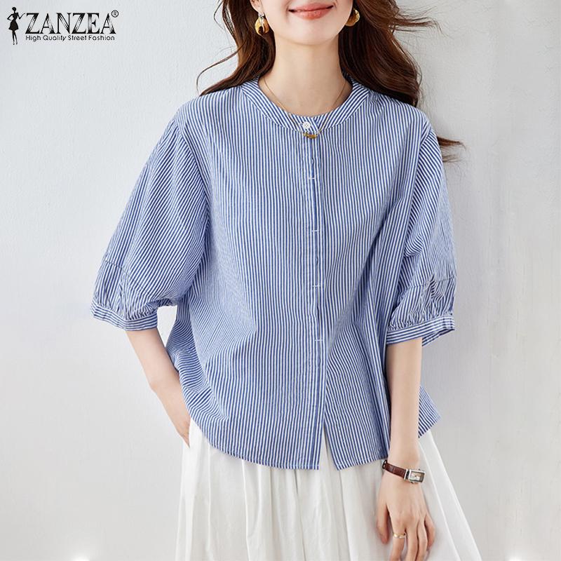 ZANZEA Damen Sommer Rundhals Halbarm Lässige Streifenbluse