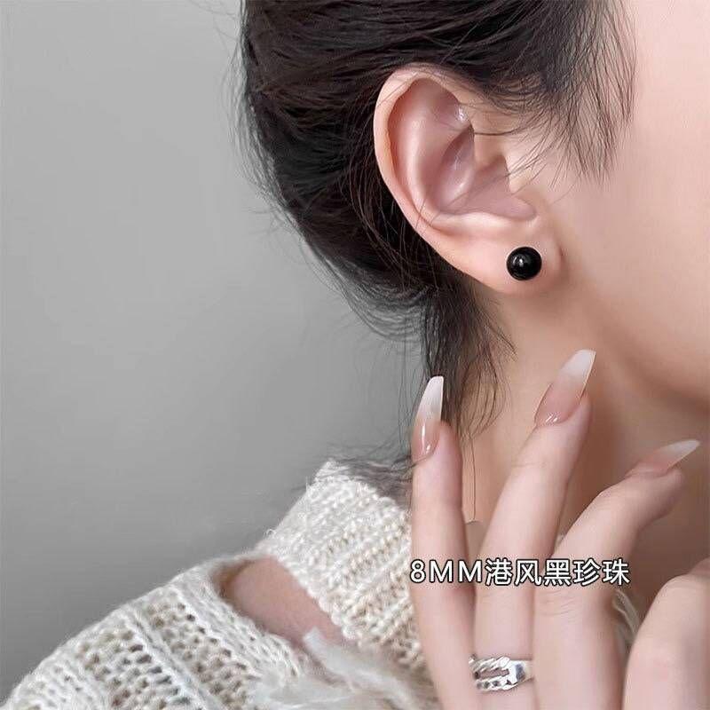 

Silver Needle Korean Round Spherical Black Stud Earrings Versatile Daily Trendy Cool Style Simple Earrings