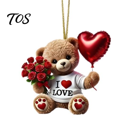 Acrylic Hanging Ornament Teddy Bear Ornament, Holding Heart Balloon Red Rose Bouquet Decoration, Anniversary Surprise Gift Car Rearview Mirror 2D Flat