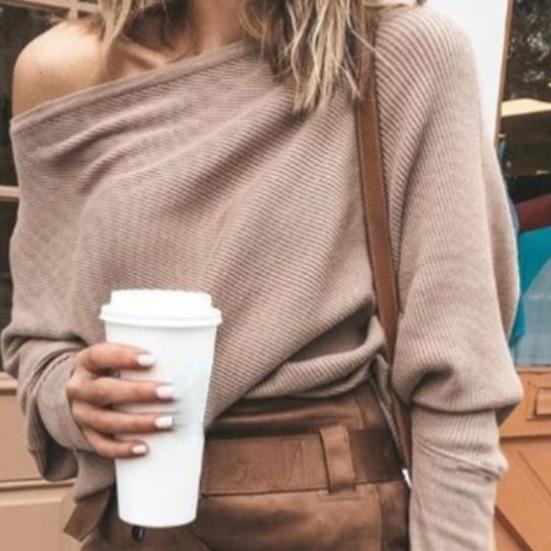 Women Sweater Off Shoulder Raglan Sleeve Pullover Knitted All Match One Shoulder Top for Daily Wear