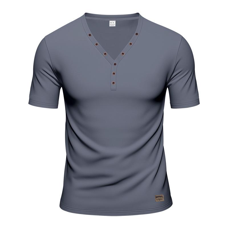 New American Style Men's Summer Short Sleeve T-Shirt, Slim Fit Trendy Deep V-Neck Button Henley Shirt
