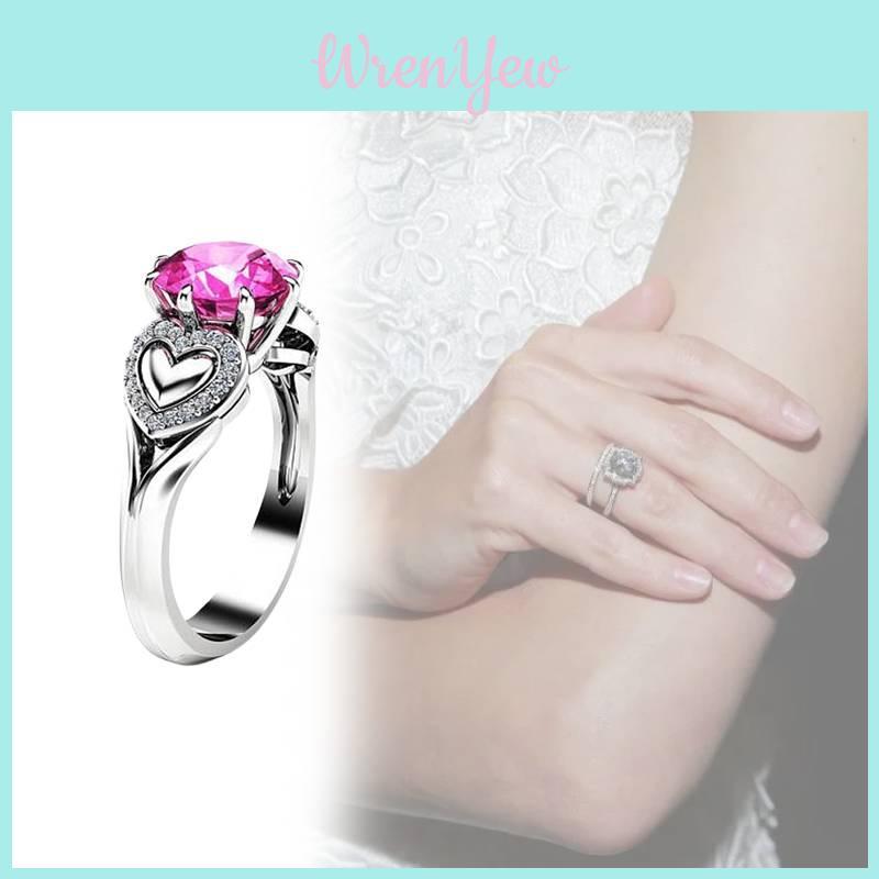 Elegant Trendy Pink Heart Crystal Ring Featuring Rhinestone Accents In Silver And Platinum Finish
