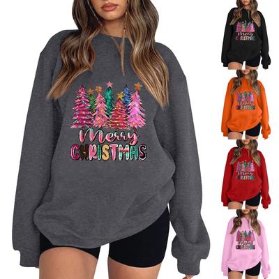Lässiger Rundhalspullover mit langen Ärmeln für Damen, Oberteil mit Weihnachtsaufdruck, langärmliger Kapuzenpullover