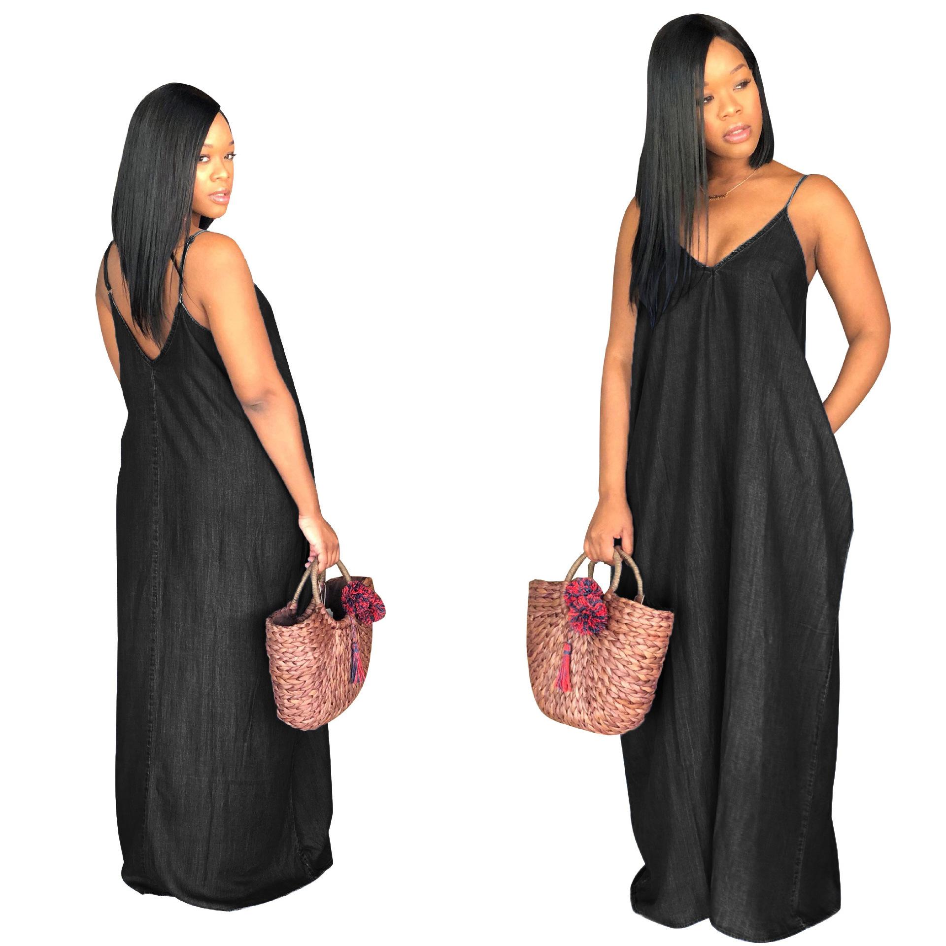 

Модный свободный джинсовый комбинезон-платье: Женское повседневное длинное платье без бретелек с V-образным вырезом и открытой спиной, стильный и удобный летний наряд S чёрный