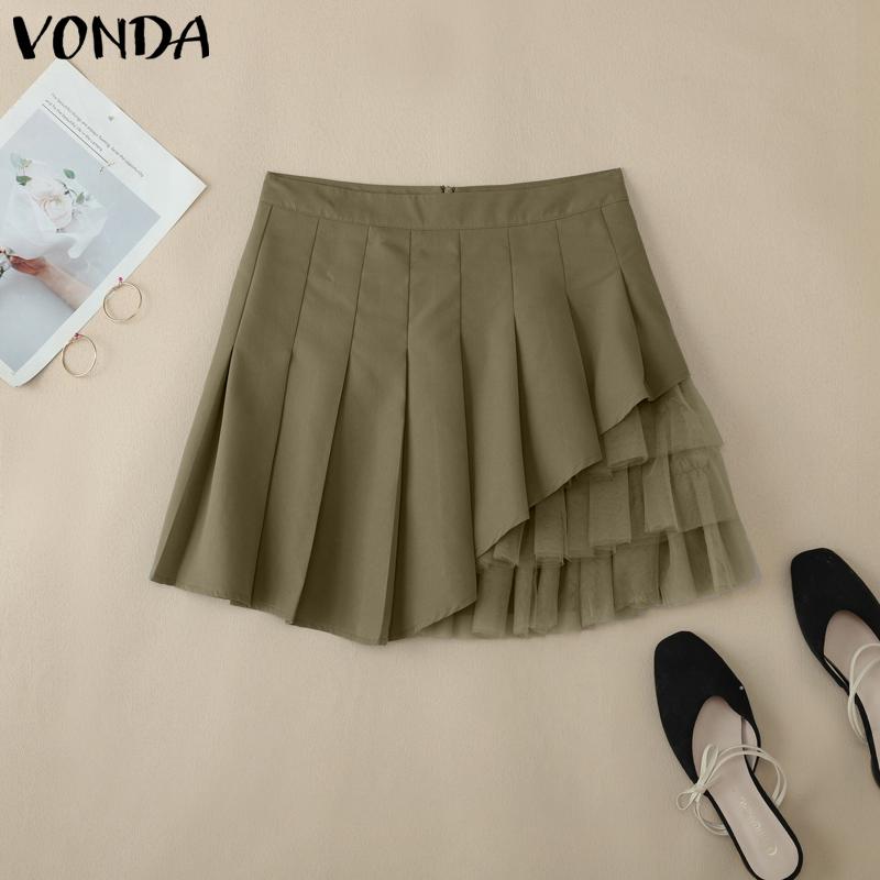 

VONDA Women Zipper Up Waist Solid Color Mesh Patchwork Mini Pleated Skirts M армия зеленый