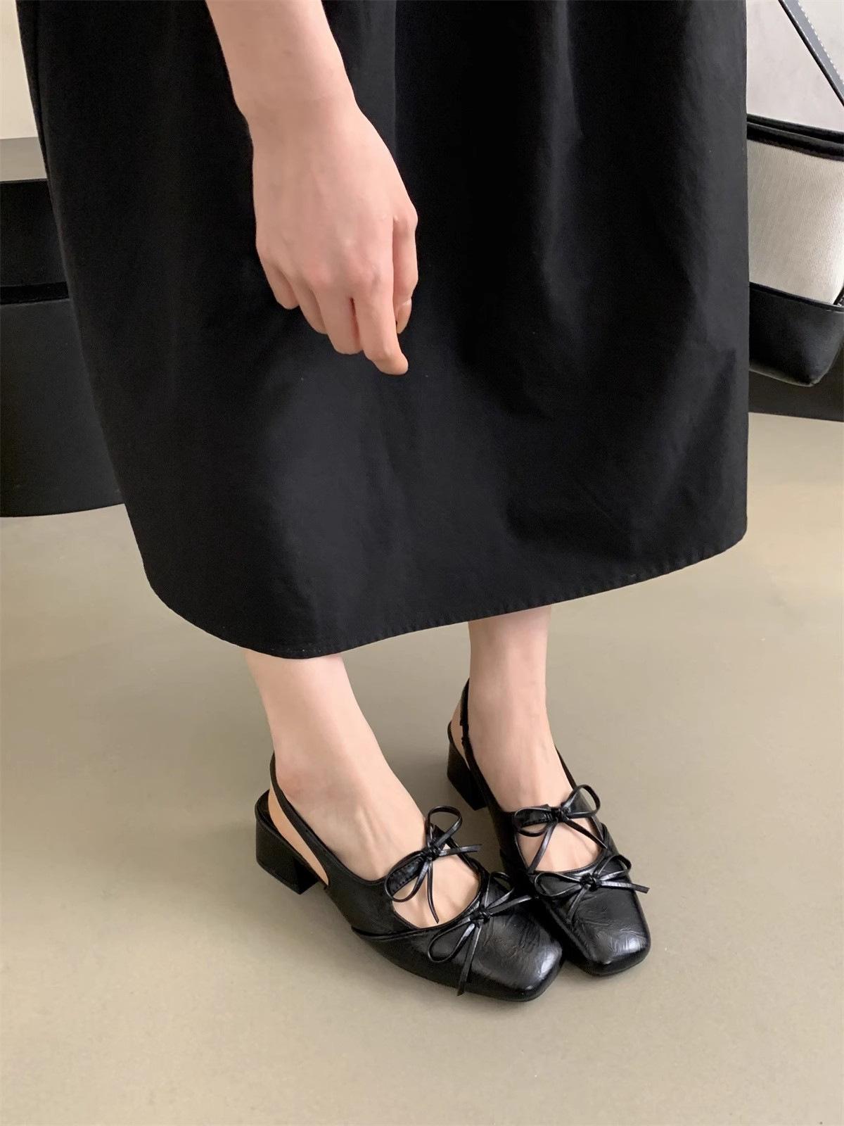 

Women Silver Bow Square Toe Ballet Shoes Summer Design Heel Women Fashion Dress Singbacks Shoes Ladies Outdoor Leather Sandalias 39 чорний