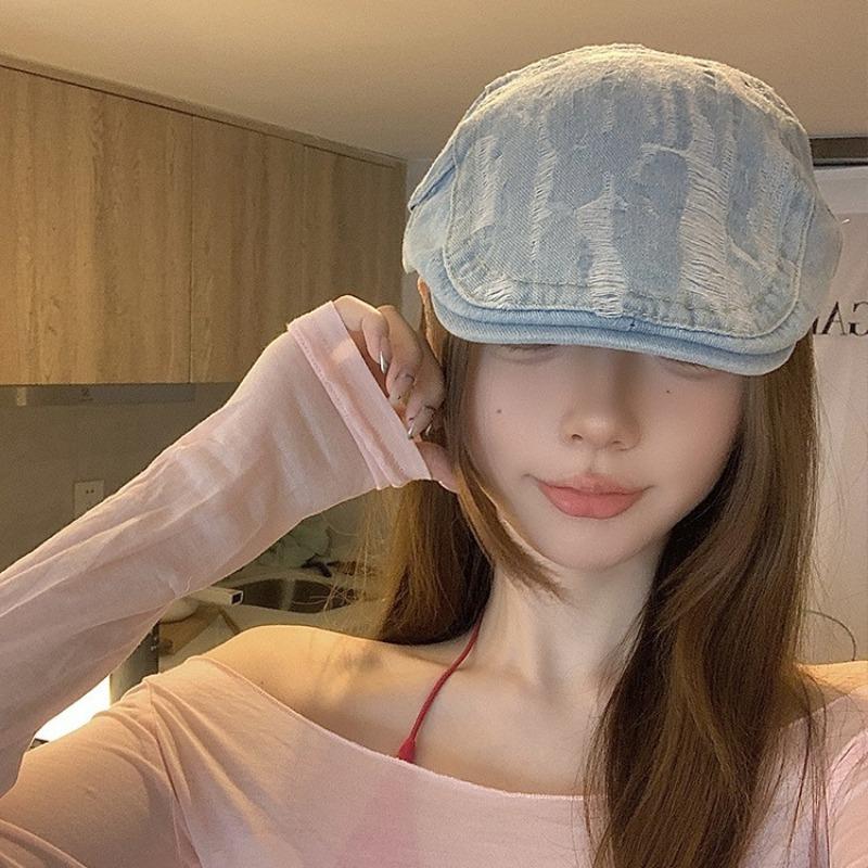 Retro Ripped Denim Forward Hat Women's Spring and Autumn Versatile Face Peaked Hat Men's Fashion Styling Beret