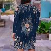 Women Plus Size V Neck Long Sleeve Floral Printed Dark Green Fitted Dress