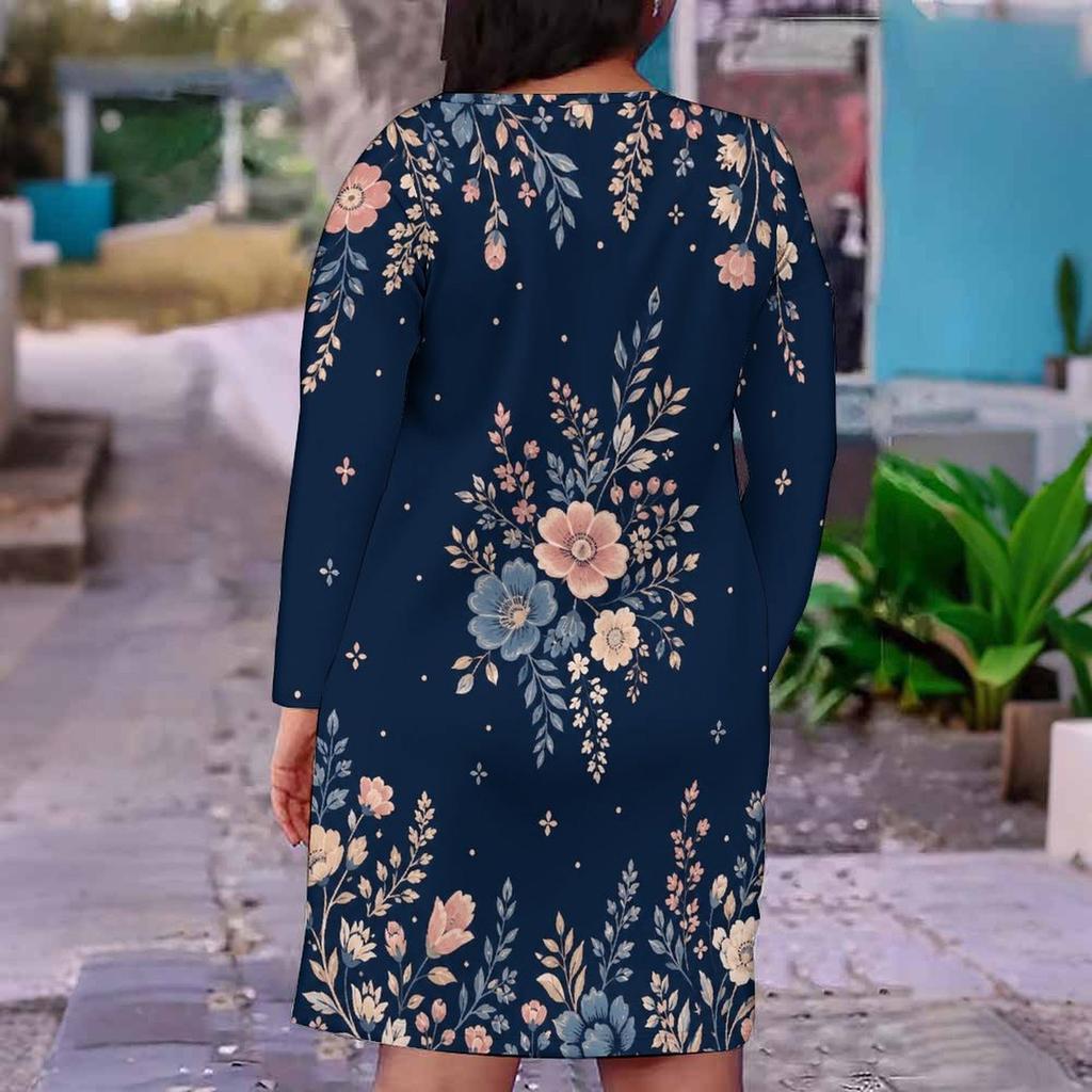 Women Plus Size V Neck Long Sleeve Floral Printed Dark Green Fitted Dress