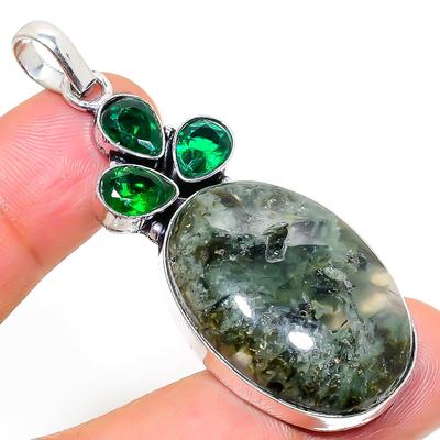 Natural Prehnite, Diopside Gemstone 925 Sterling Silver Pendant 2.25" M3y08