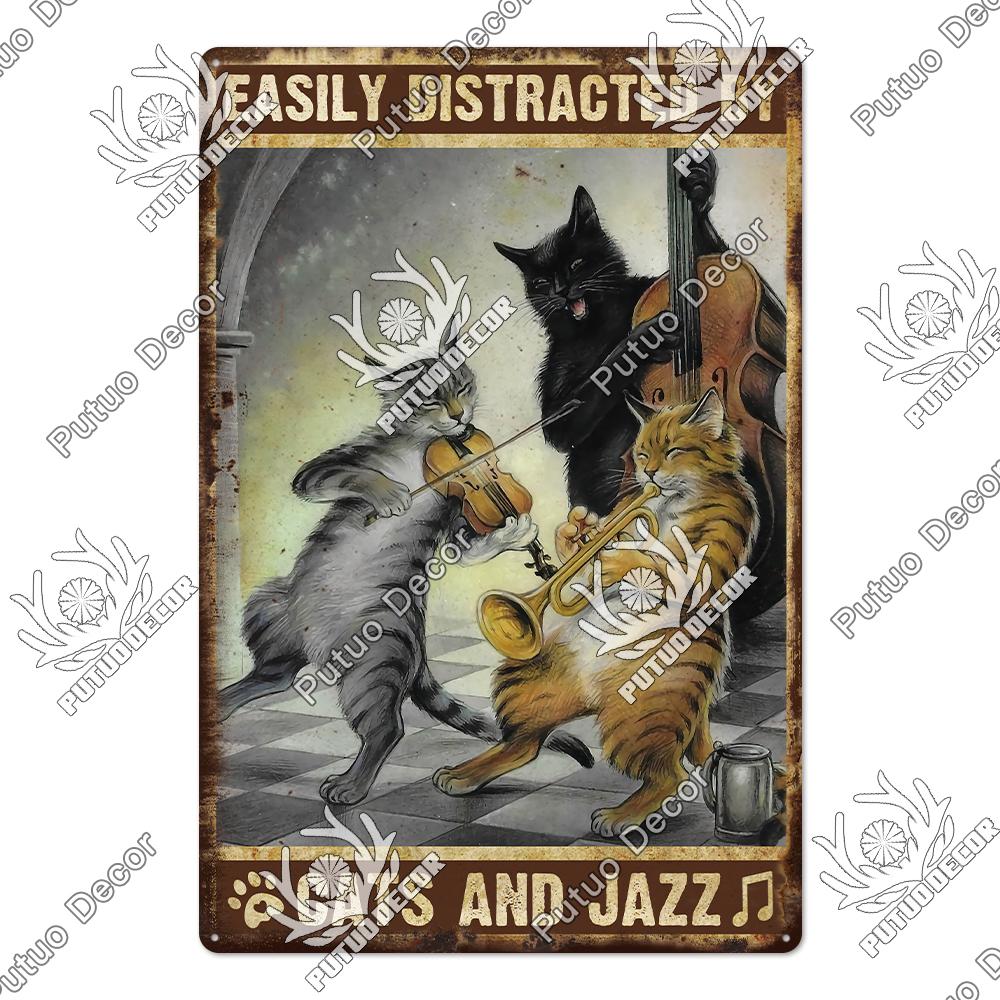 Putuo Decor Cute Cat Vintaget Tin Signs Retro Plaque Metal Plate Wall Art Decor for Home Cafe Living Room Pet Shop Iron Poster
