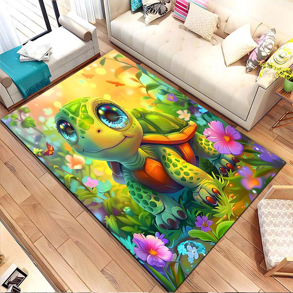 Cute Cartoon Turtle in Vibrant Garden Patterned carpet, non slip mat suitable for living room and bedroom sofas