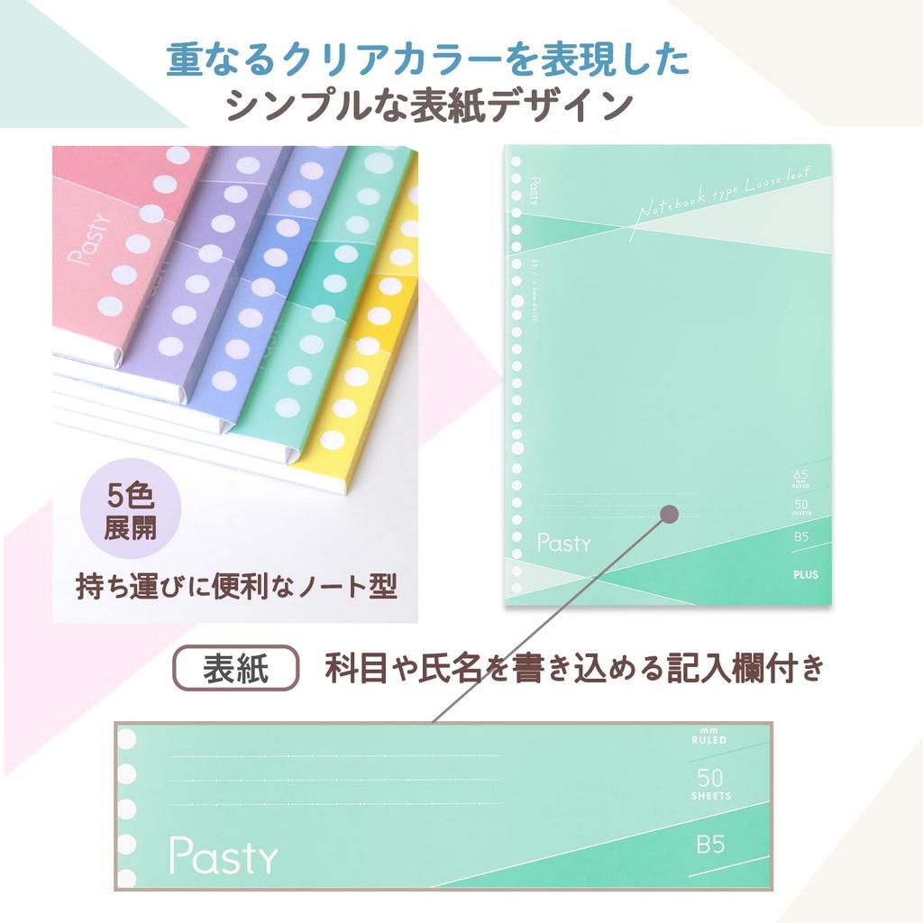 PLUS Loose Leaf Pasty B5, 50 Sheets, 5-Color Set, Notebook Style Loose Leaf NL-005DS-P, 76030-76034, Pack of 5