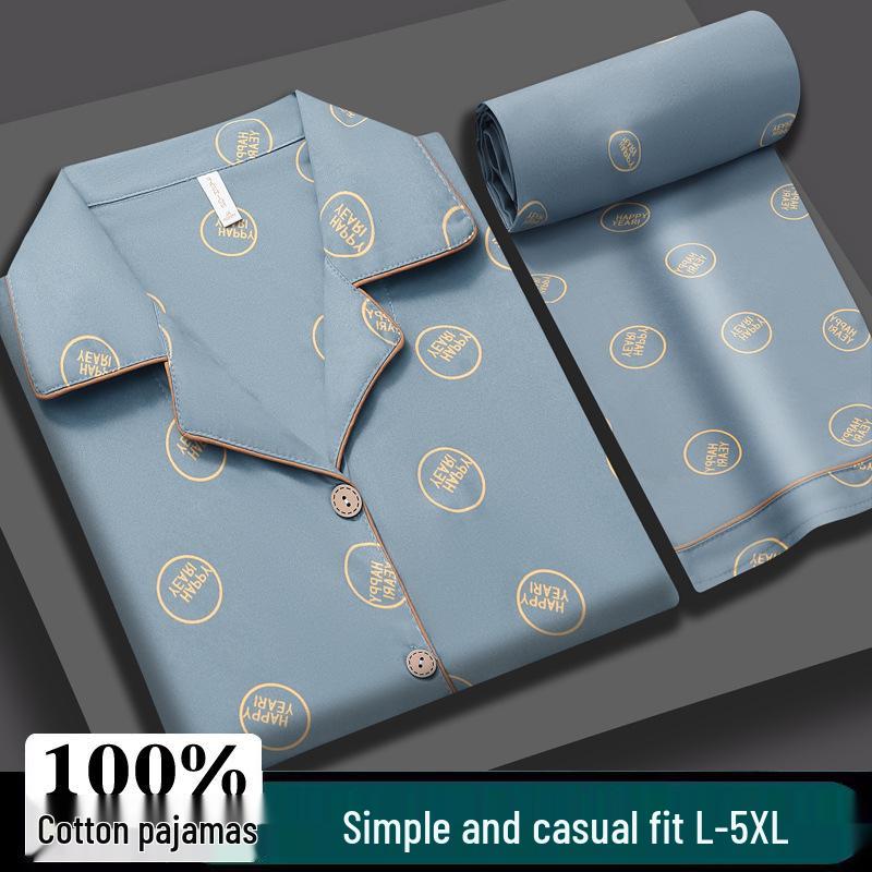 Men's Plus Size Summer Cotton Pajama Set - Short Sleeve Top and Long Pants for Middle-Aged Dads