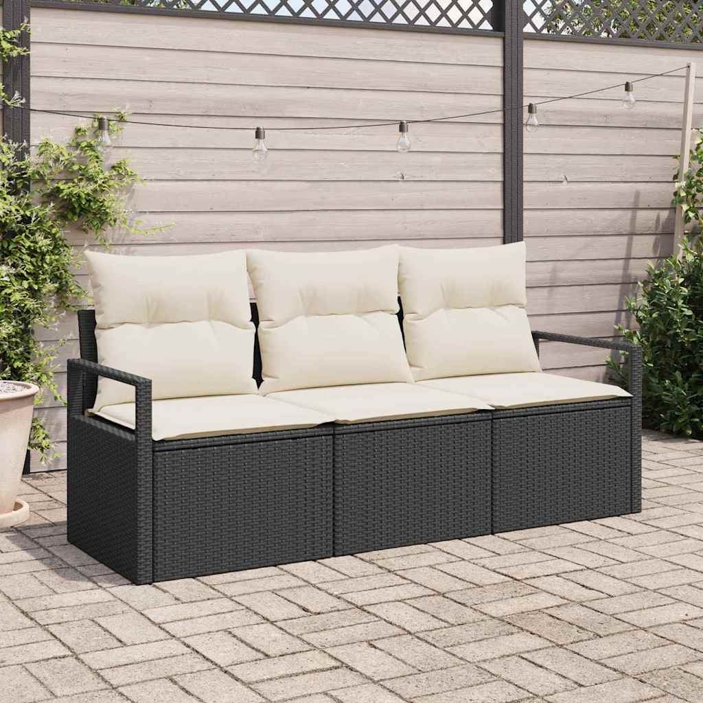3 Piece Sofa Set with Cushions Black Poly Rattan