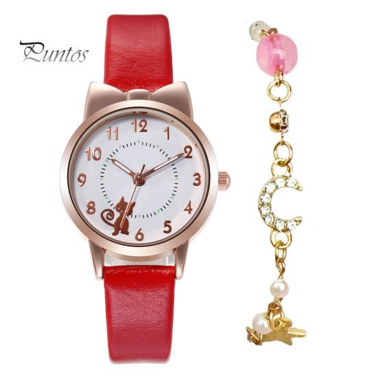 1 sada Dámské hodinky Star Moon náramek Kreslený kočičí motýlek Kulatý řemínek z umělé kůže Přesné Dívčí Studentské Křemenné hodinky Módní Šperky Narozeniny