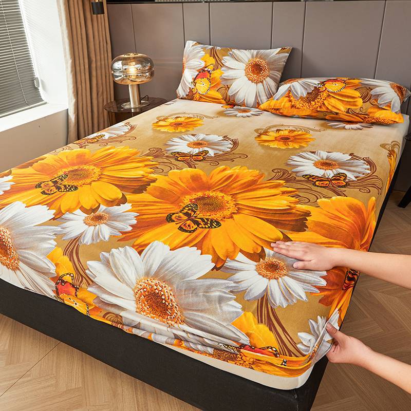 3pcs Golden Sunflower + Butterfly Print Fitted Sheet Set Perfect Fit for Bedroom or Guest Room Use, Bedspread Cover, Mattress Protector, Bedding Set
