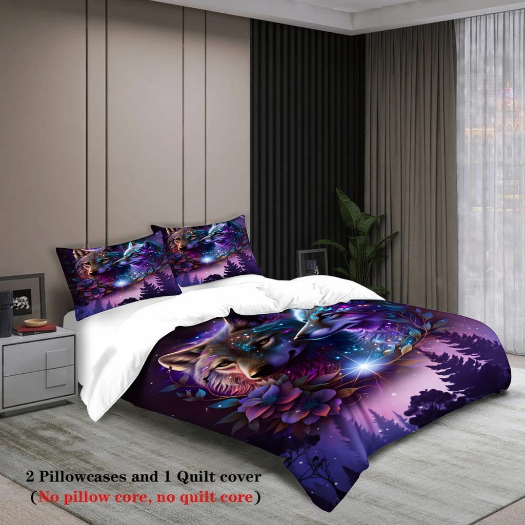 3pcs Purple Bedding Sets Comforter Not Included 3D Printed Valley Flowers Wolve Fox  Bedroom Soft Queen King Size Duvet Cover