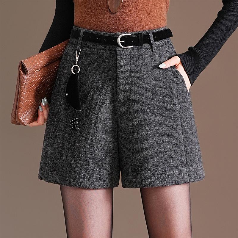 Women's Gray-Black Woolen Bootcut Shorts - Fashionable Autumn/Winter 2025