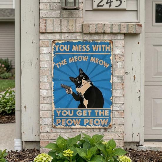Funny Cat Tin Sign Vintage Black And White Cat Wall Art You Mess with The Meow Meow Metal Posters Gifts for Cat Lovers