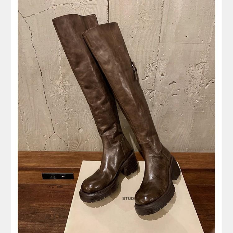 Grape mother same retro round head thin versatile zipper thick sole thick heel knee boots women's autumn and winter knight boots