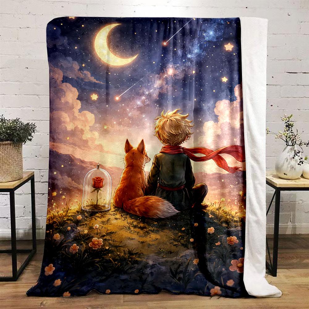 A boy and a fox sit on a hill gazing at a starry sky with a crescent moon. for all seasons blanket lunch break throw gift