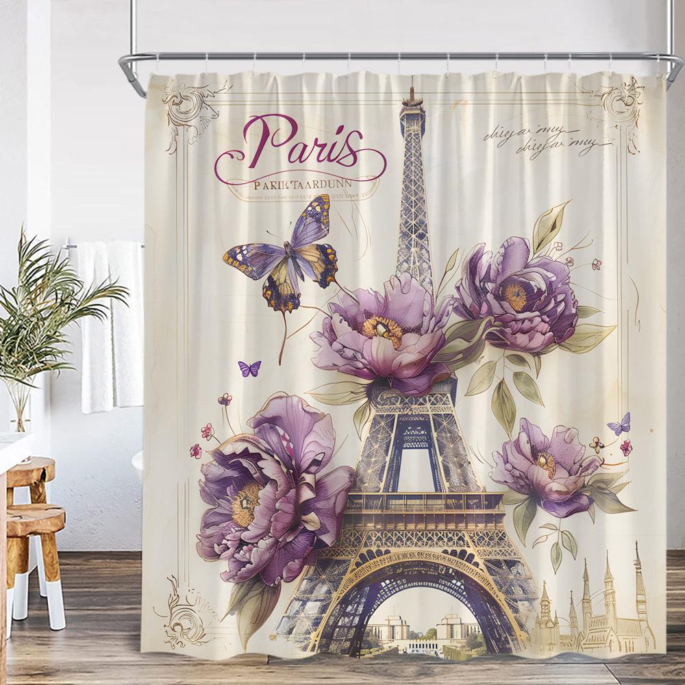 Paris Eiffel Tower Vintage Shower Curtain Purple Flower Old Newspaper Pattern Bathroom Decor Retro Bathtub Curtain with Hook