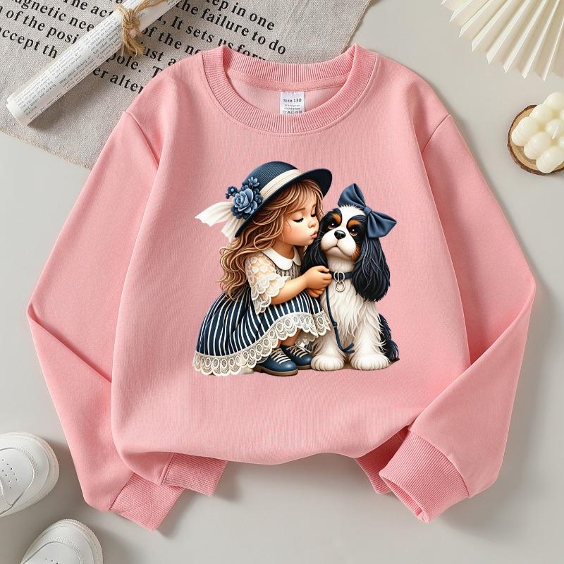 Kids Crewneck Sweatshirt, Girl Hugging Dog with Bow Hat Print, Soft Casual Pullover for Fall Winter