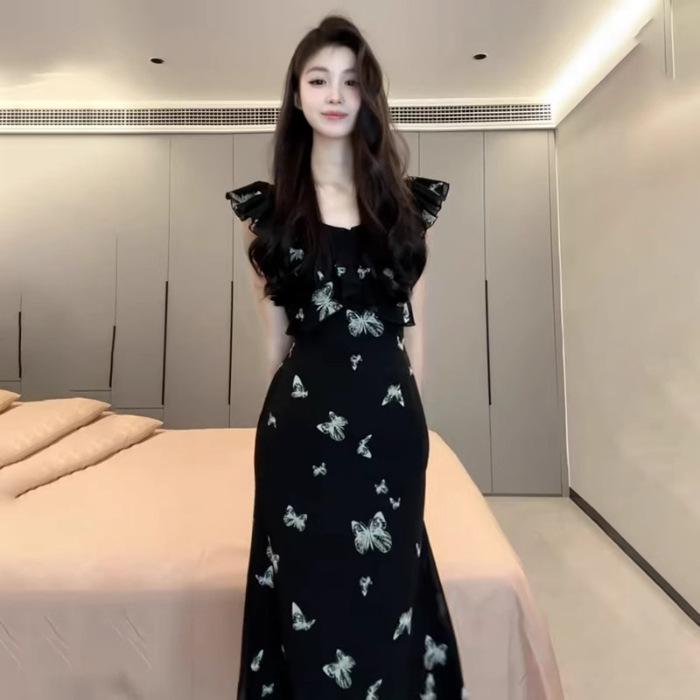 

[Double layer + inner lining] Xiaofei sleeve butterfly suspender dress children s summer French temperament is beautiful, waist length S чёрный