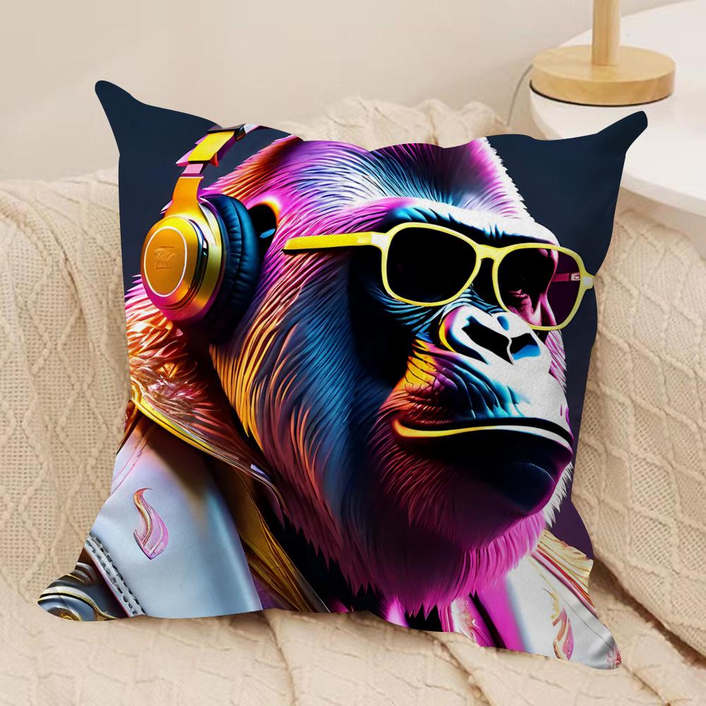 DJ Monkey with Headphones Cushion Cover Plush Fabric Soft DoubleSided Printed Sofa Warm Winter Home Gift Pillow Cover