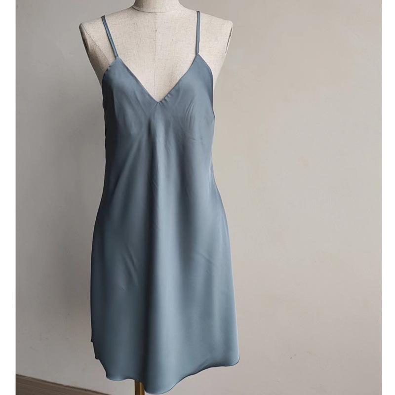 Women's Red V-Neck Spaghetti Strap Nightgown with Chest Pads - Ice Silk Pajamas for Spring and Autumn