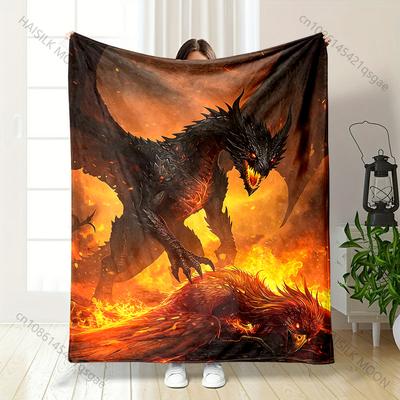 Mehrere Größen Drache und Phönix in Flammen Druckdecke Warm Weich Geeignet für Alle Jahreszeiten für Zuhause Sofa Reisen Camping Picknicks