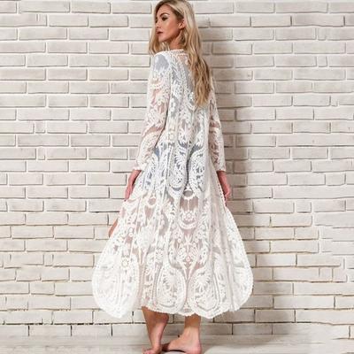 Dámsky plážový kabát Bohémsky biely plážový prehoz Plavky Sarong Výšivka Čipka Kimono Sexy Priehľadný Dlhý Kardigán