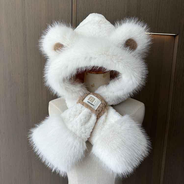 

Ange Kola Red Cute Bear Ears Hat Scarf Integrated Thickened Warm Winter Hooded Student Plush Hat One size fits all