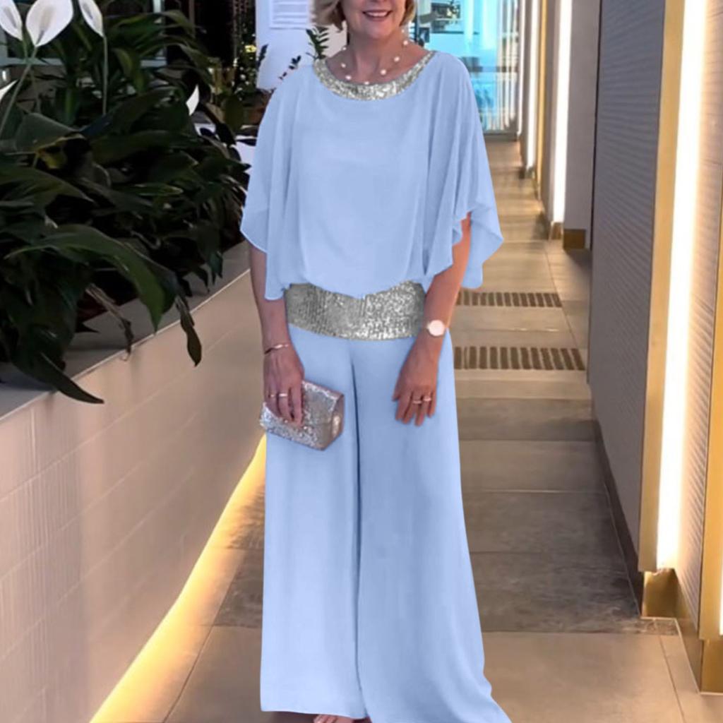 Women's Fashion Color Round Neck Sequin Patchwork Short Sleeve Top Wide Leg Pants Set