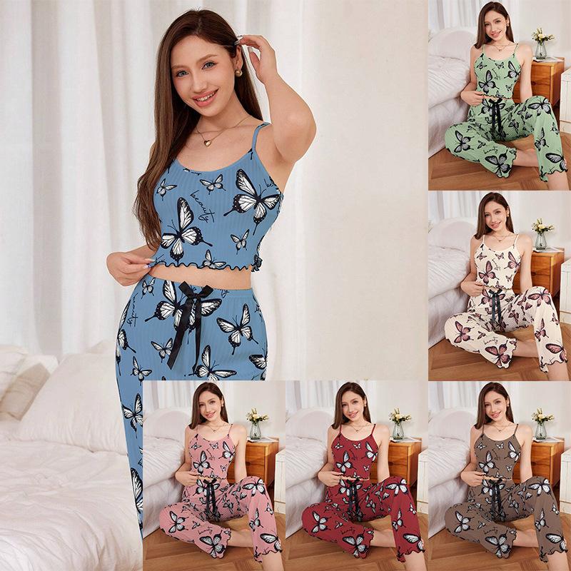 European and American Style Women’s Butterfly Print Cami Top and Long Pants Set Casual Comfortable Loungewear Pajamas