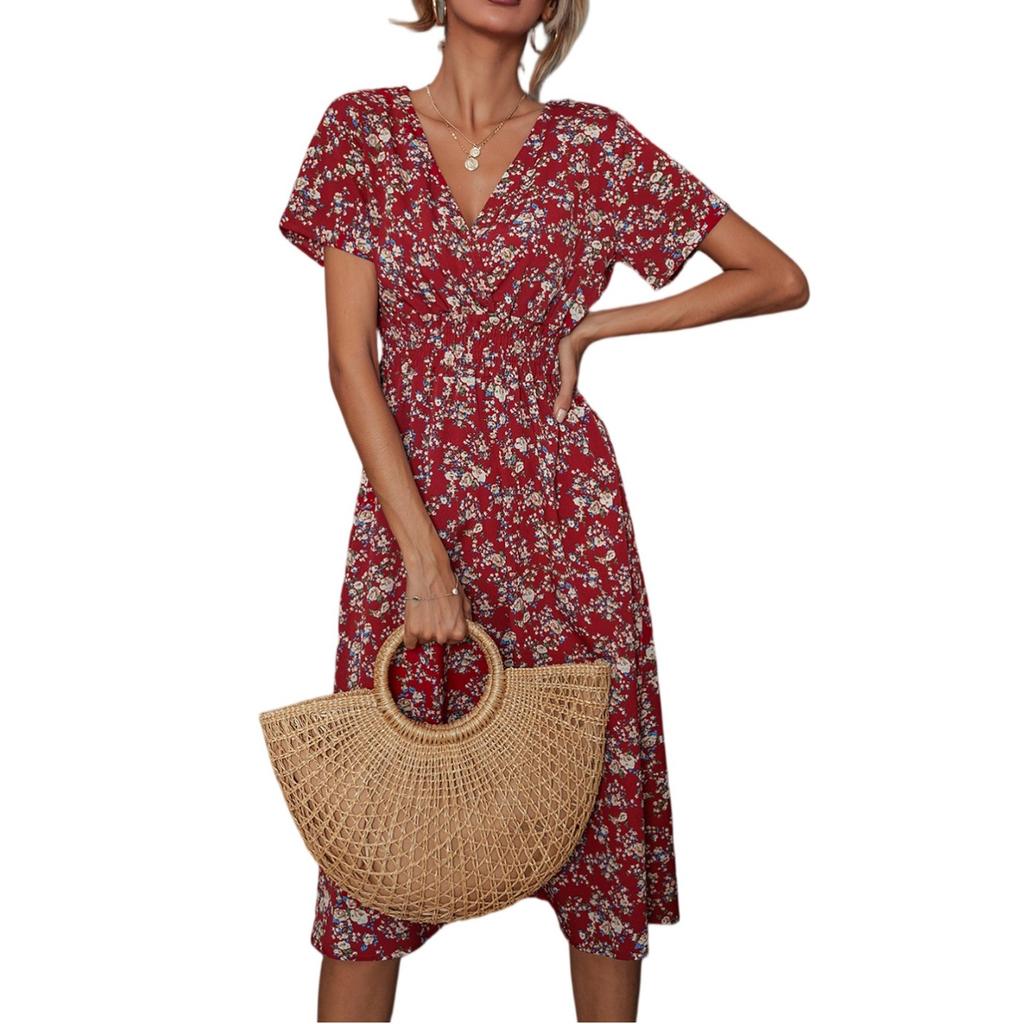 Women's Dresses Casual Small Floral Printed V-Neck Short Sleeve Dresses