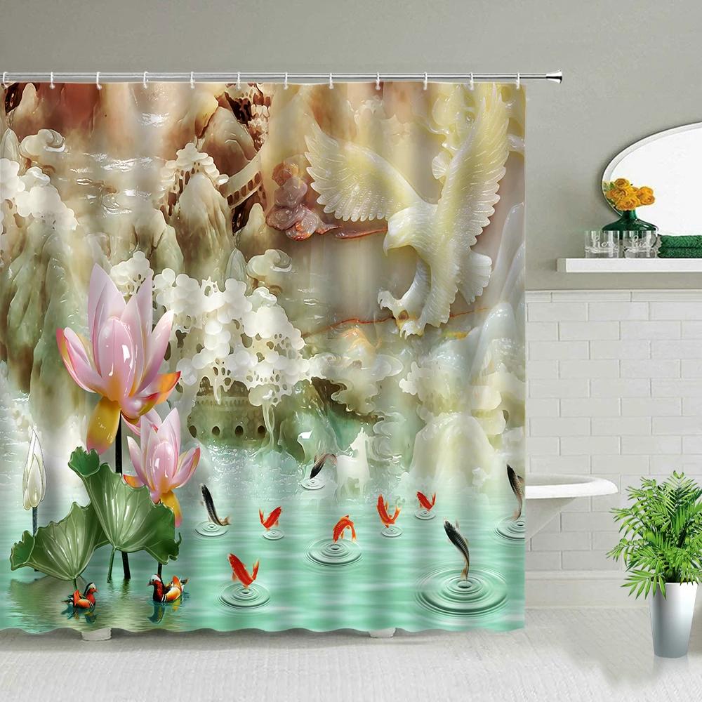 Modern Chinese Style Koi Fish Scenery Shower Curtain Bathroom Screen Waterproof Fabric Background Wall Decor Hanging Curtains